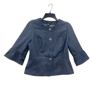 SANDRO Sportswear Denim Jacket Women M 3/4 Sleeve Ruffle Flare Button Front